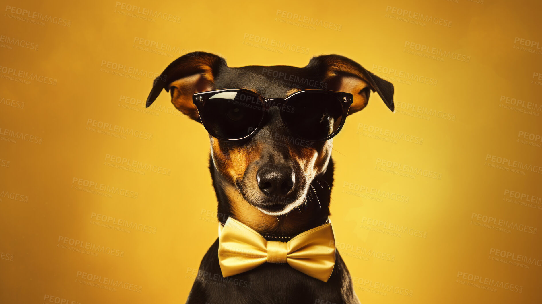 Buy stock photo Portrait of dog wearing a bowtie and sunglasses. Pet posing against a yellow background