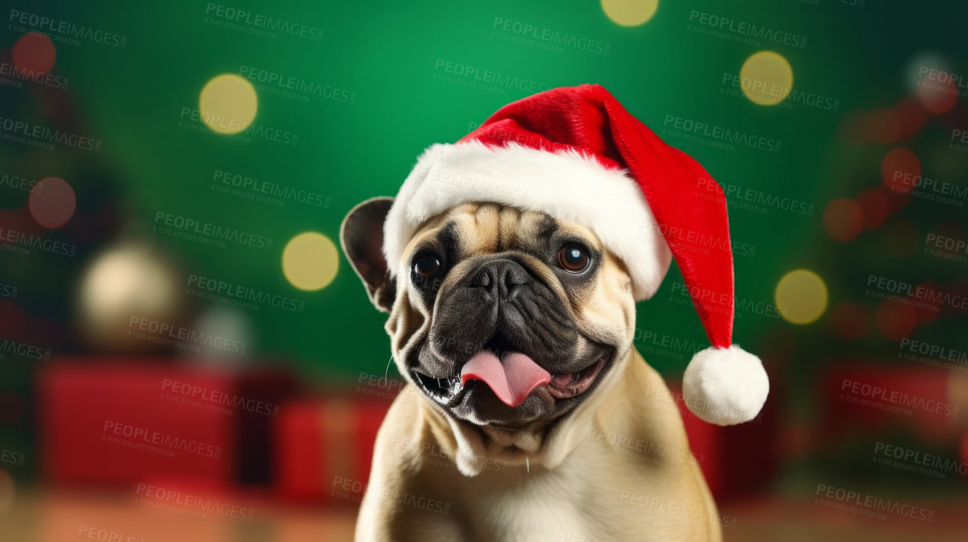 Buy stock photo Portrait of a dog wearing christmas hat. Pet dressed for christmas celebration