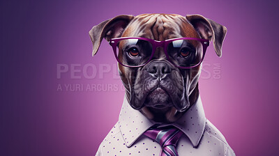 Portrait of a dog wearing a shirt, tie and glasses. Pet dressed in business attire