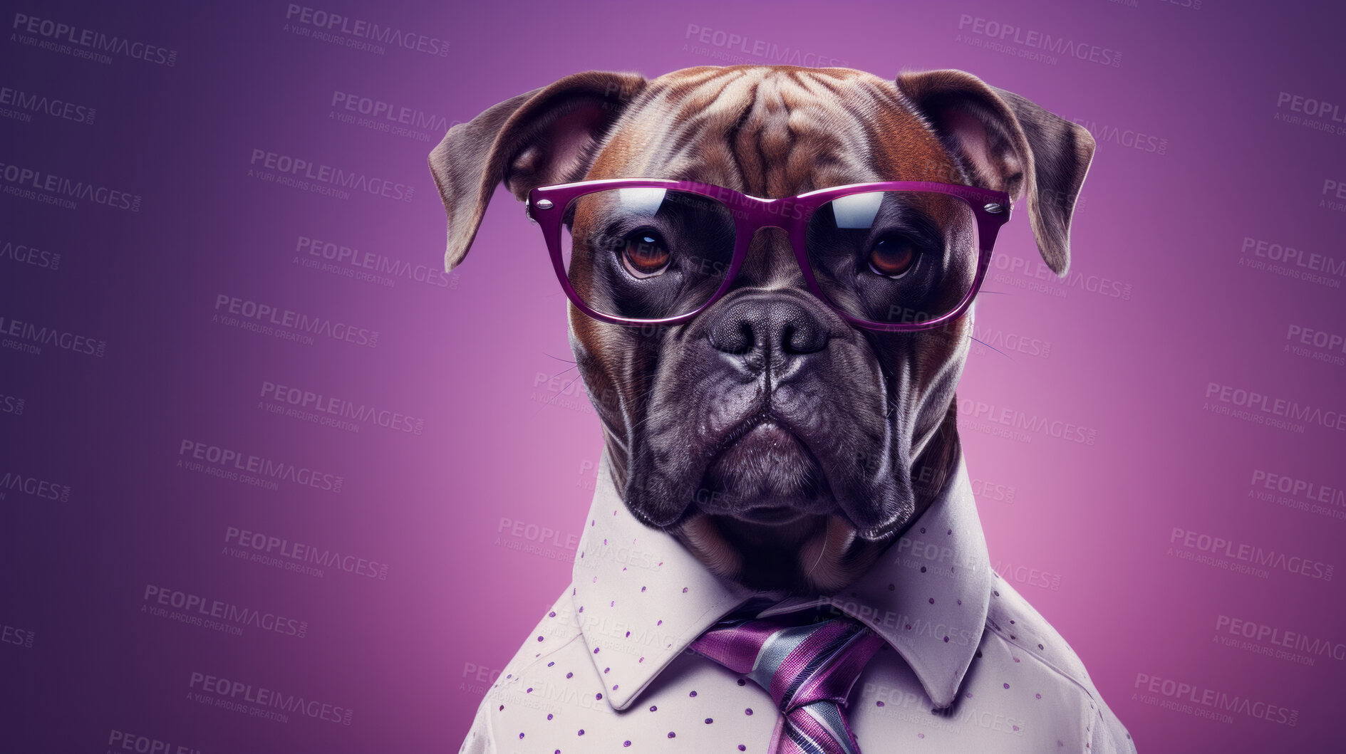 Buy stock photo Portrait of a dog wearing a shirt, tie and glasses. Pet dressed in business attire