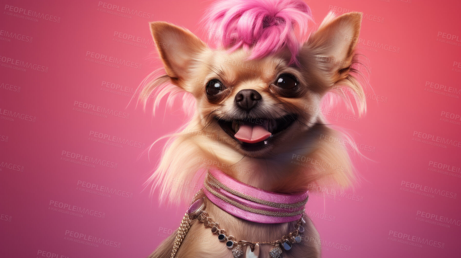 Buy stock photo Portrait of a dog wearing accessories. Groomed dog with pink hair