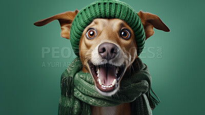 Buy stock photo Dog wearing beanie cap and scarf. Portrait of happy dog dressed for autumn or winter