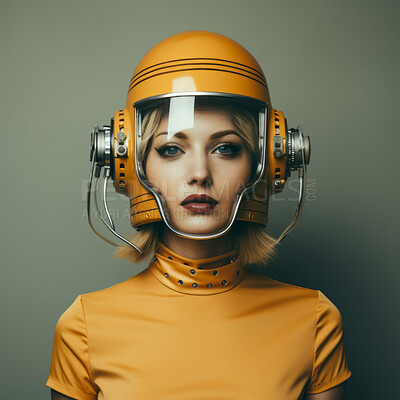 Ai feminine humanoid model. Editorial fashion posing against backdrop.