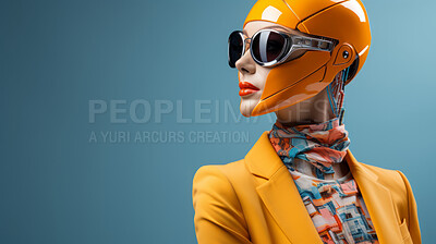 Buy stock photo ai feminine humanoid model. Editorial fashion posing against blue backdrop.