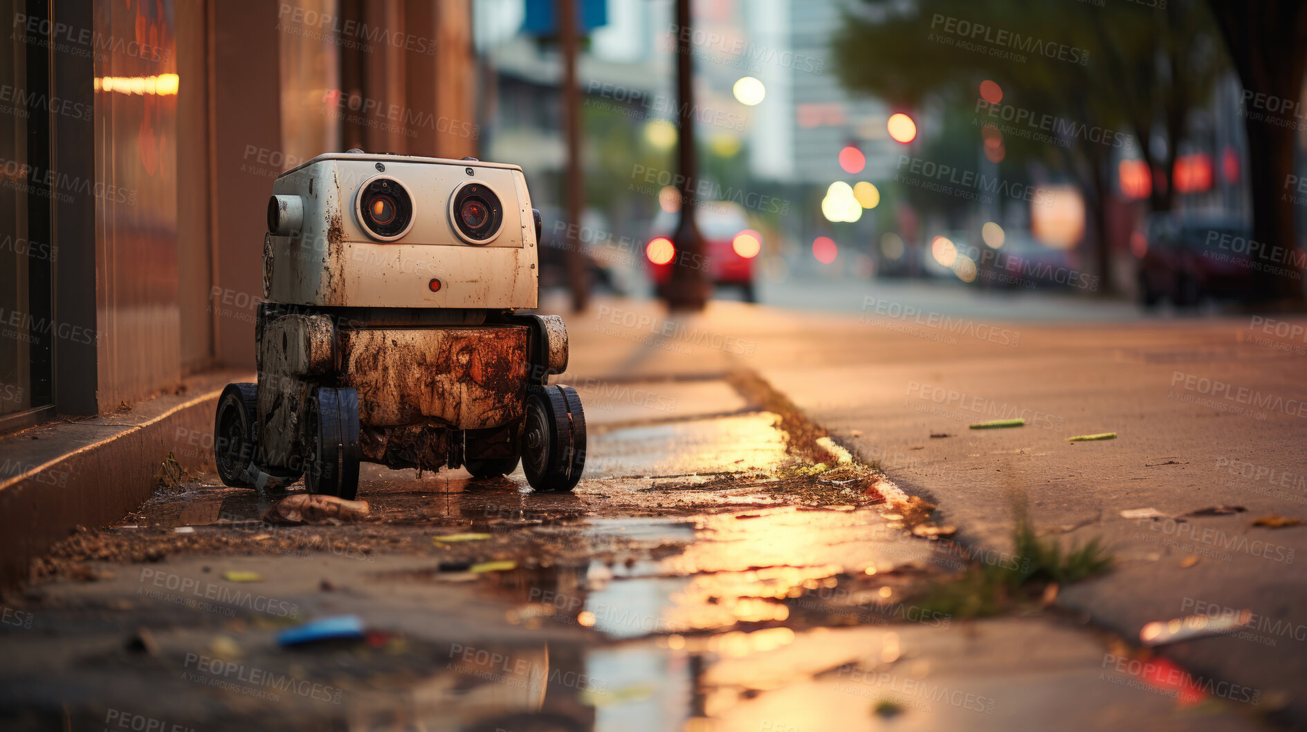 Buy stock photo Portrait of rusty vintage robot in street. Photo-realistic urban scenes.