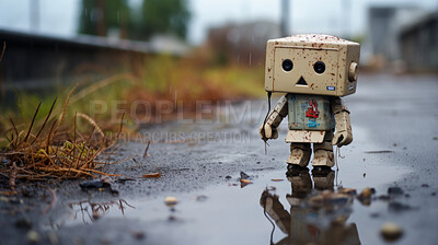 Portrait of vintage robot in street. Photo-realistic urban scenes.