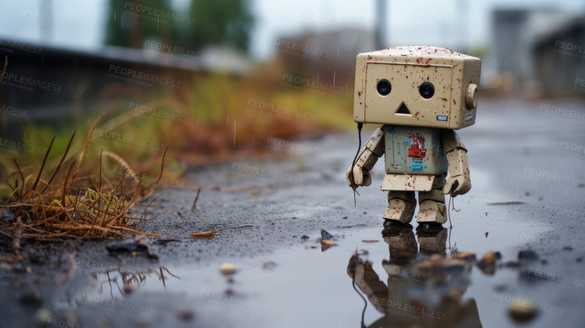 Buy stock photo Portrait of vintage robot in street. Photo-realistic urban scenes.