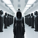 Female robot in futuristic fashion concept. Wearing black leather in editorial showcase