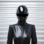 Female robot in futuristic, sci-fi fashion concept. Wearing black 
leather in editorial showcase.