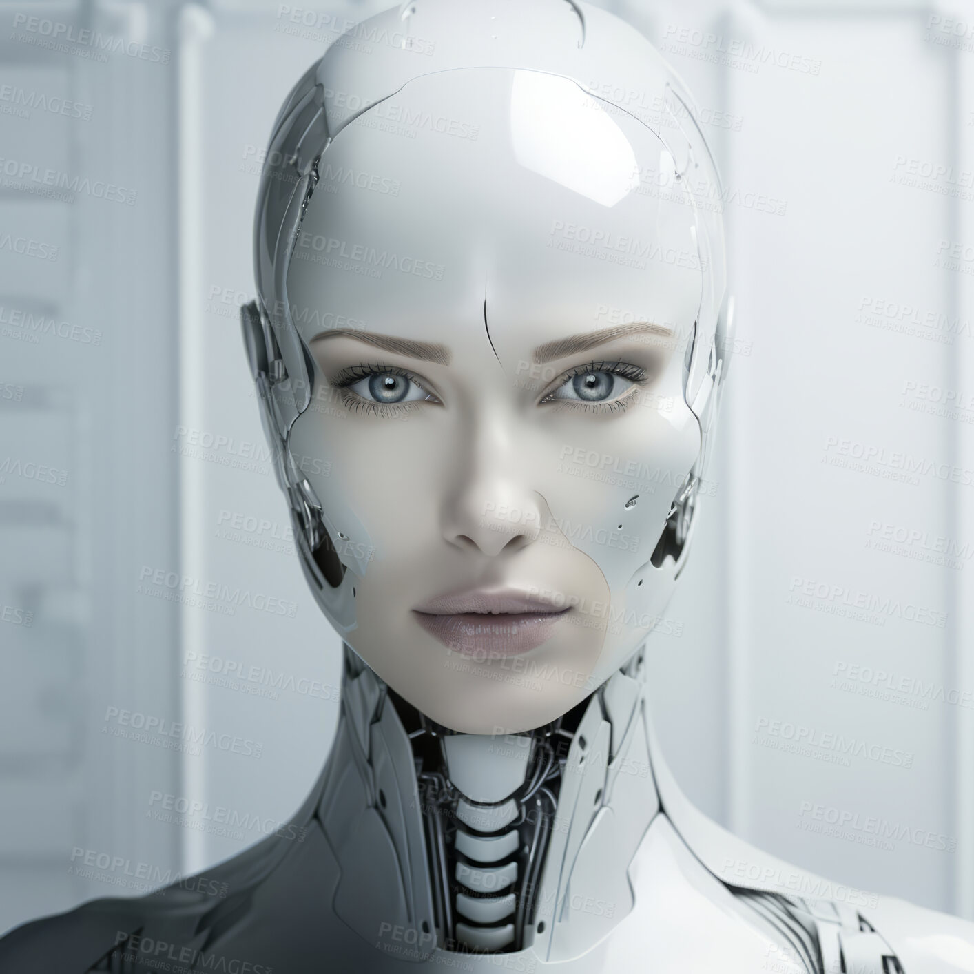 Buy stock photo Futuristic female robot, android portrait. Human like features. On white backdrop.