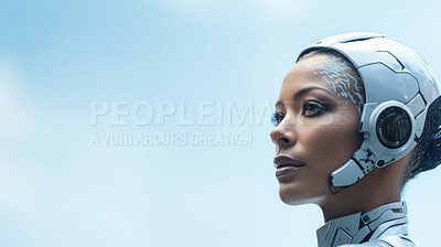 Buy stock photo Futuristic female robot, android portrait. Human features on white backdrop. Using Ai technology.