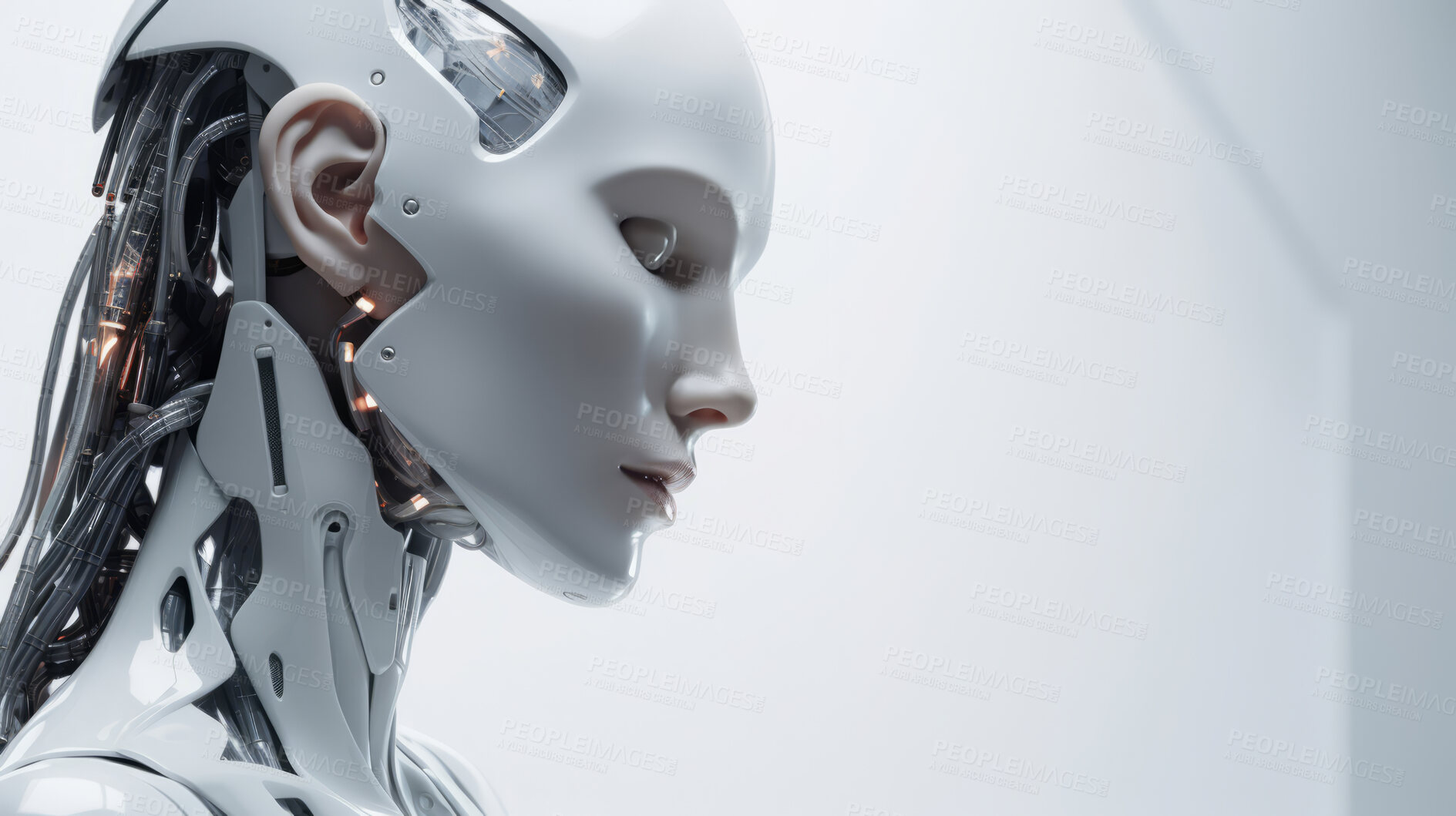 Buy stock photo Futuristic female robot, android portrait. Human like features. On white backdrop.