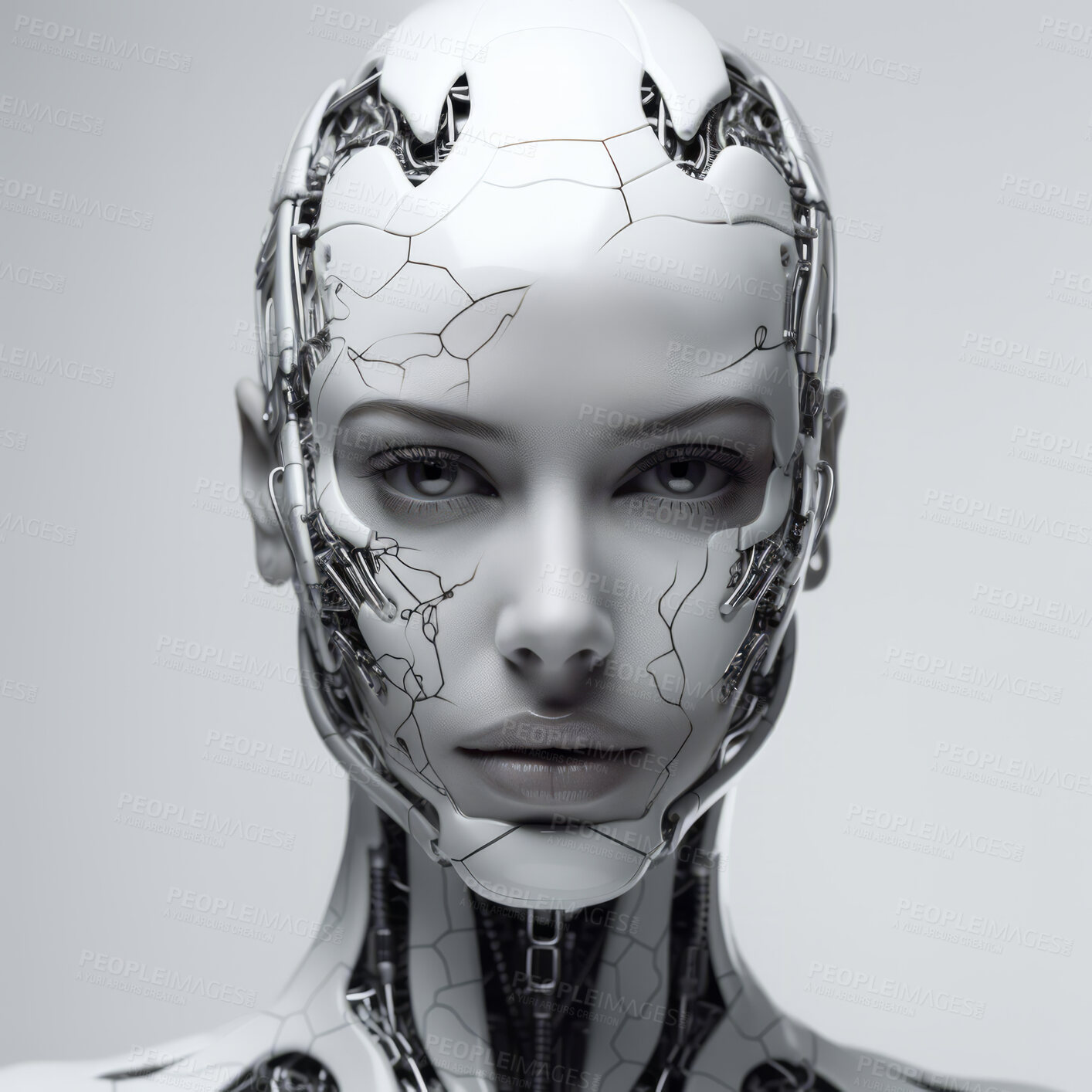 Buy stock photo Futuristic female robot, android portrait. Human like features. On white backdrop.