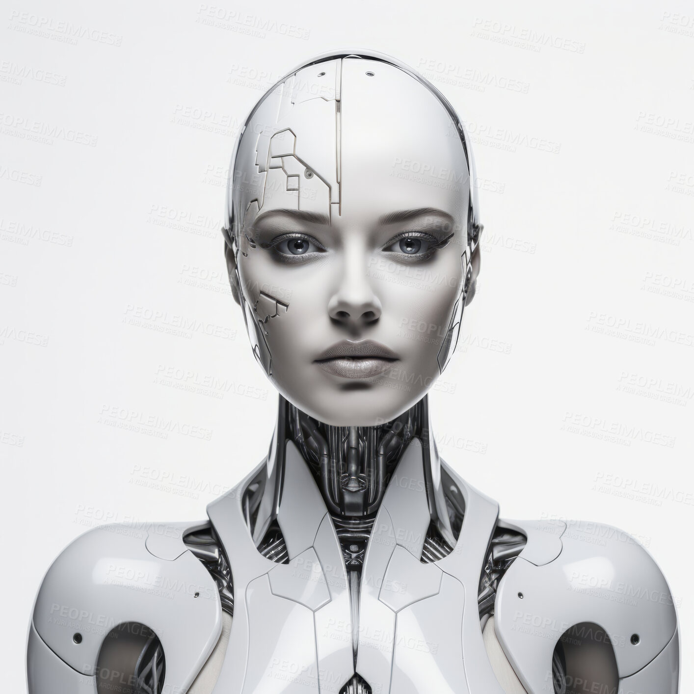 Buy stock photo Futuristic female robot, android portrait. Human like features. On white backdrop.