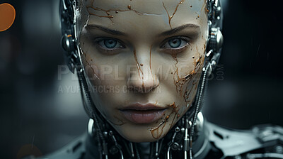 Close up of futuristic, robotic humanoid. Human face with mechanical sci-fi dystopia.