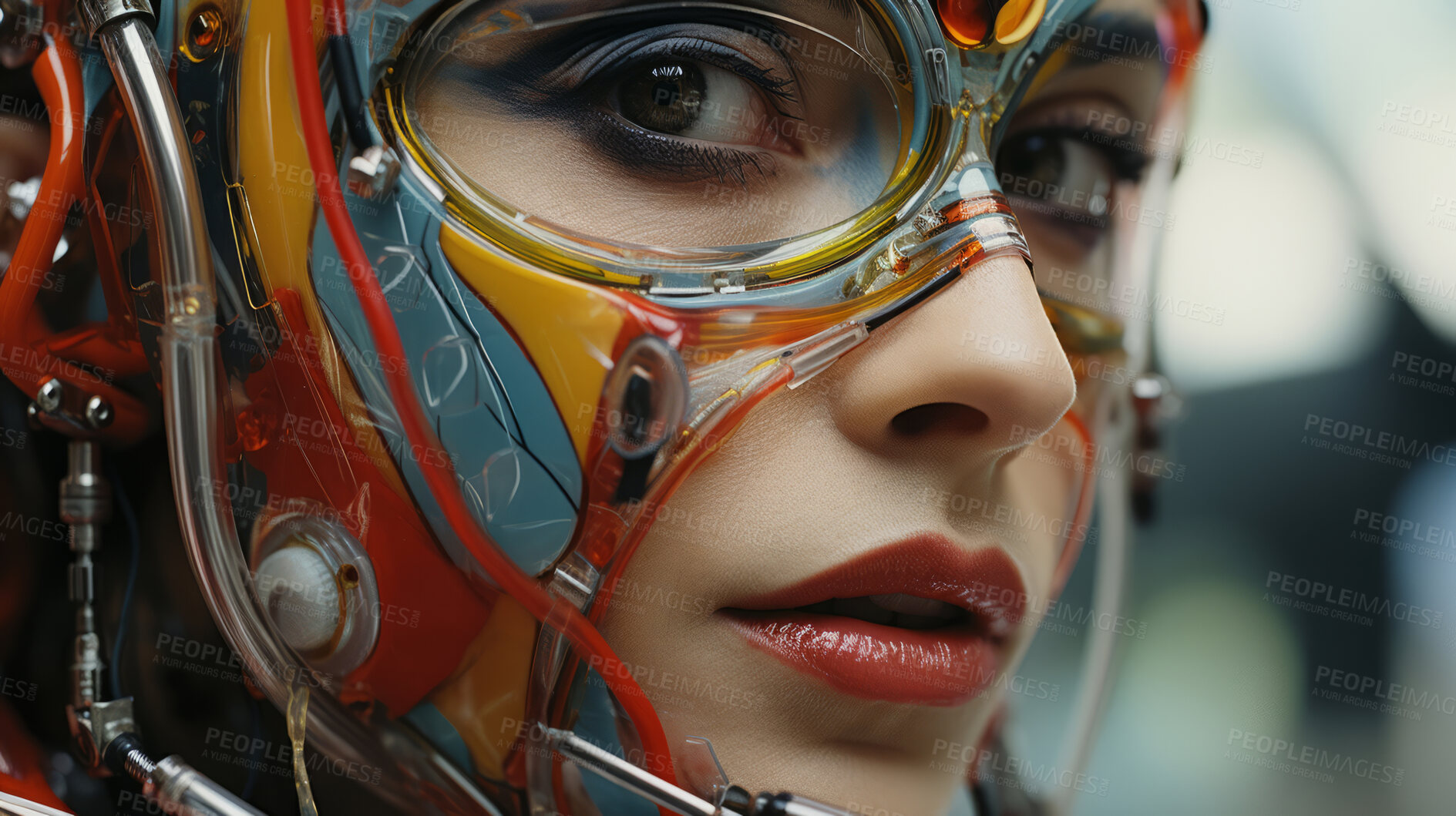 Buy stock photo Close up of futuristic, robotic humanoid. Human face with mechanical mask and sci-fi features.