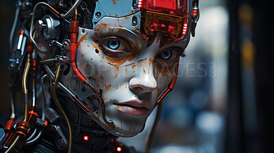 Futuristic android, robotic humanoid. Human face, Mechanical body, in dystopian Sci-fi City.