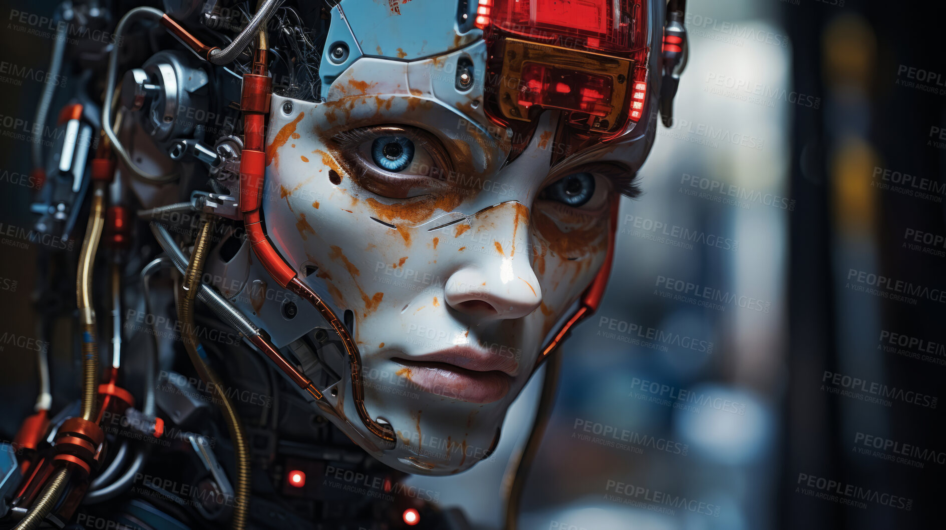 Buy stock photo Futuristic android, robotic humanoid. Human face, Mechanical body, in dystopian Sci-fi City.