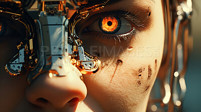 Close up of futuristic, robotic humanoid. Human face with mechanical sci-fi features.