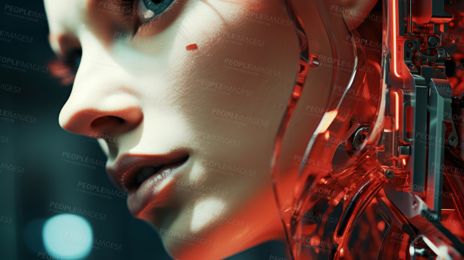 Buy stock photo Close up of futuristic android, robotic humanoid. Human face with mechanical sci-fi features.