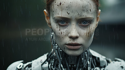 Futuristic android, robotic humanoid. Human face, Mechanical body, in dystopian Sci-fi city.