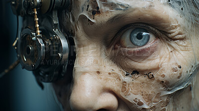 Close up of futuristic android, robotic humanoid. Human face with mechanical sci-fi features.