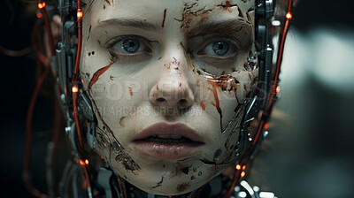 Futuristic android, robotic humanoid. Mechanical body, Ai programmed in dystopian scene.