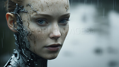 Futuristic android, robotic humanoid. Mechanical body, Ai programmed in dystopian scene.