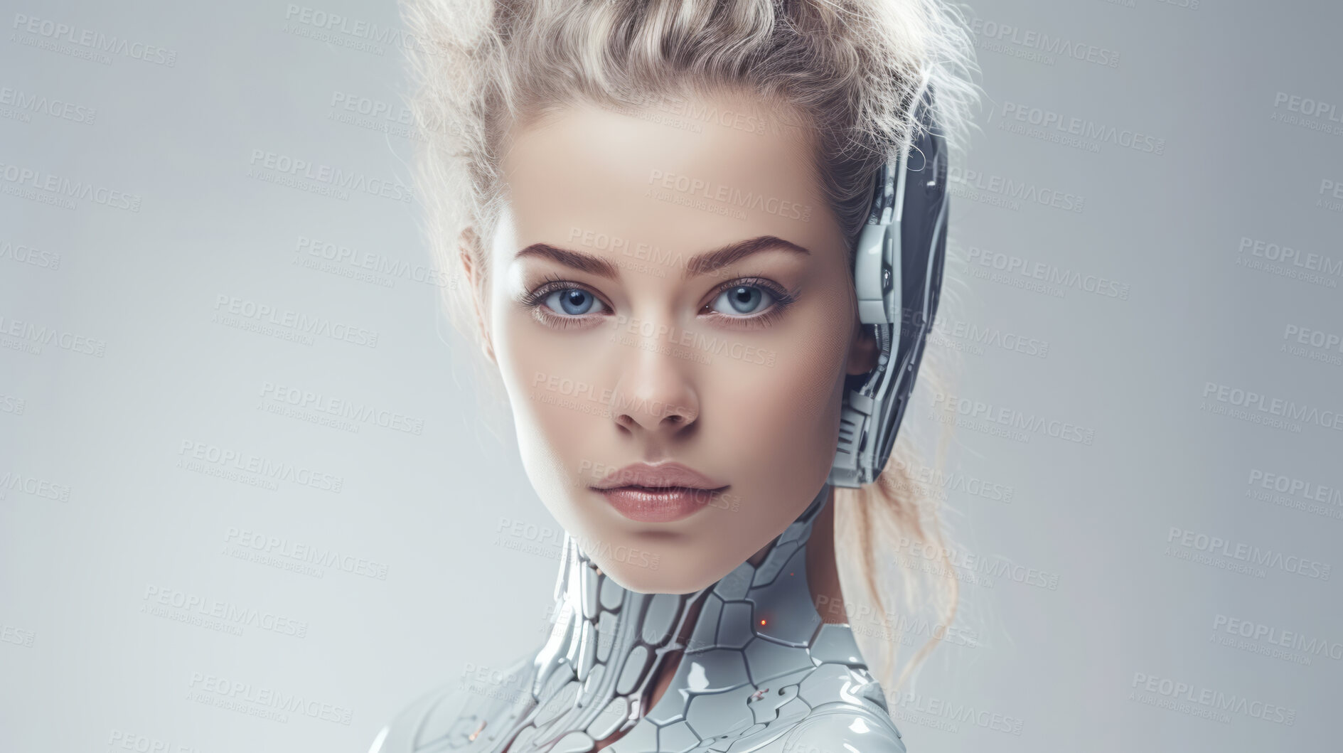 Buy stock photo Futuristic android, robot, portrait.Humanoid face on plain grey backdrop.