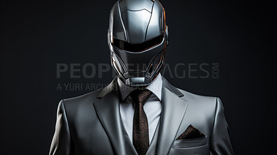 Cyborg, robotic figure in business suit, futuristic metaverse concept against black backdrop