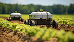 Futuristic robot working in field. Smart eco farming and digital innovation in agriculture.