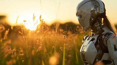 Robot walking in field, auto technology in modern agriculture concept.