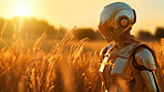 Robot walking in field, auto technology in modern agriculture concept.