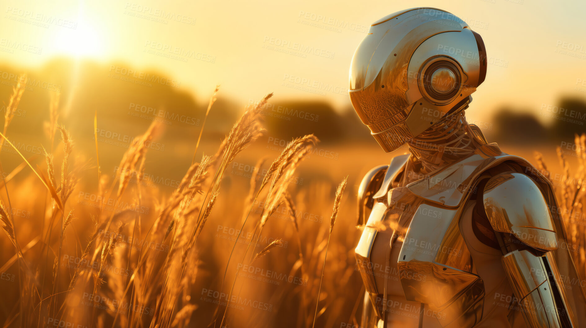 Buy stock photo Robot walking in field, auto technology in modern agriculture concept.