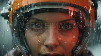 Female android wearing robotic helmet in pouring rain. | Buy Stock ...