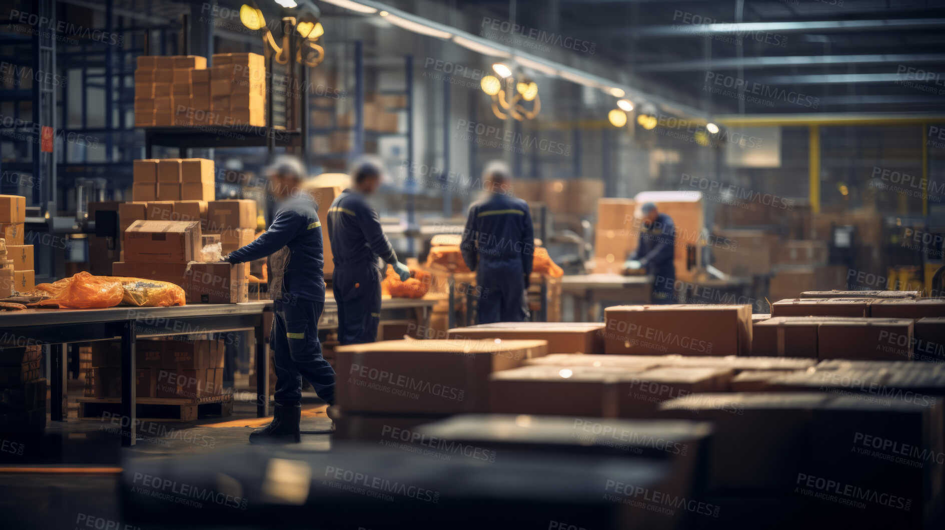 Buy stock photo Anonymous warehouse workers. Overtime employees meeting shipping deadlines