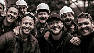 Male group of happy construction workers in hardhats, looking at camera. Male engineers and contractors