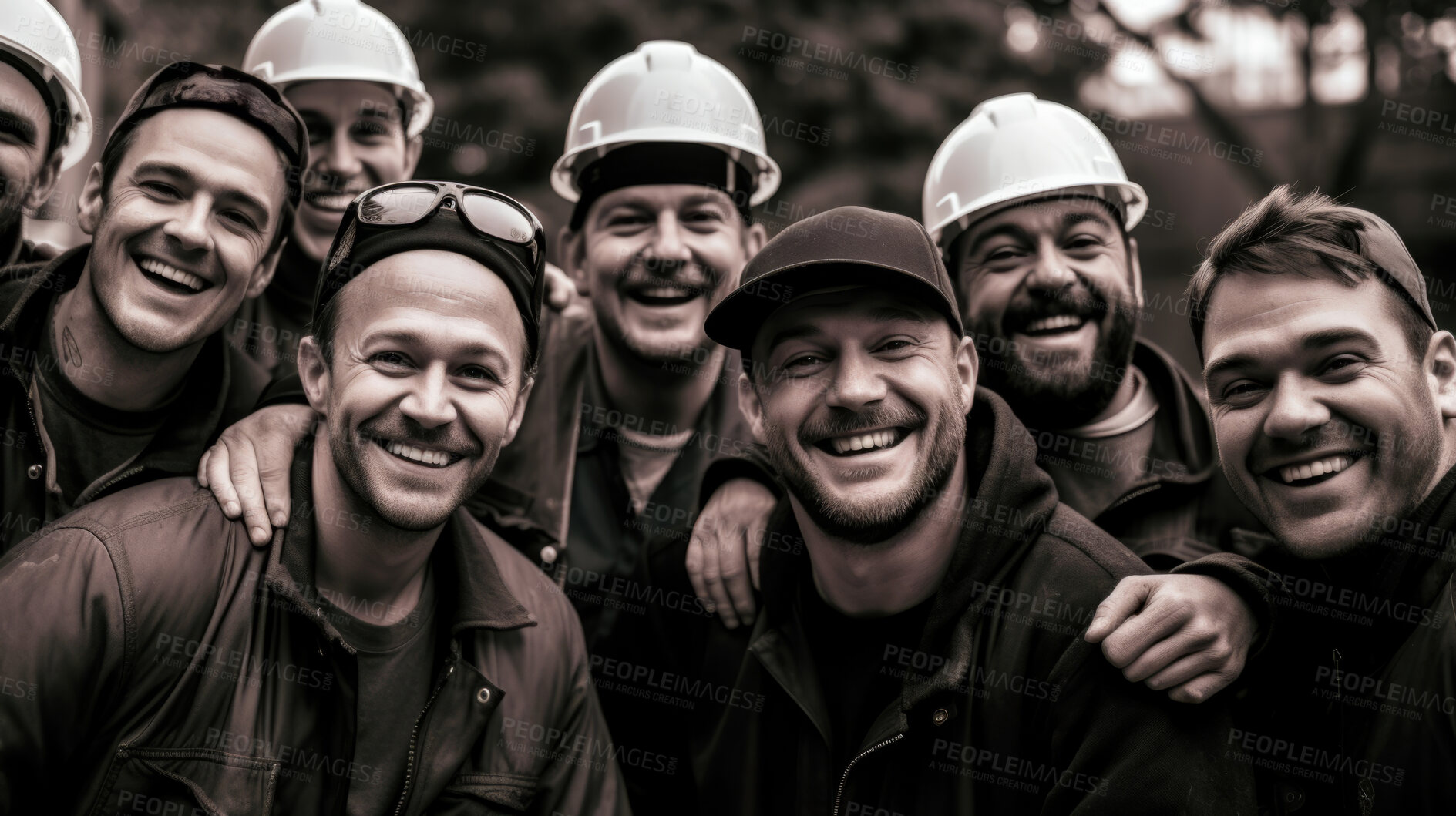 Buy stock photo Male group of happy construction workers in hardhats, looking at camera. Male engineers and contractors