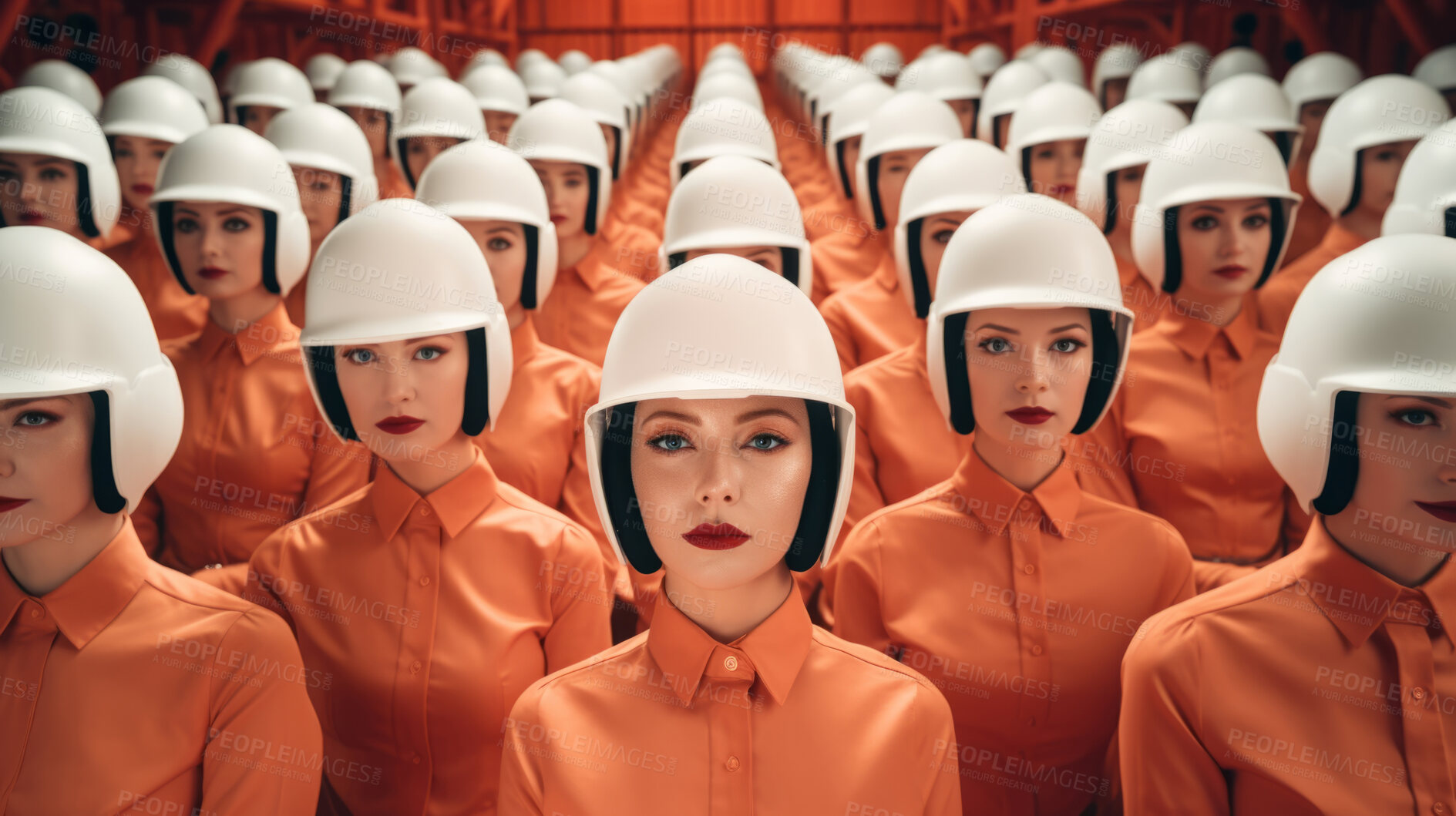 Buy stock photo Group of emotionless female soldiers in uniform standing in rows looking at camera