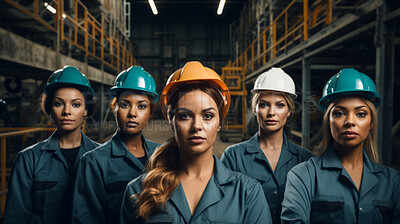 Female group of construction workers in hardhats, looking at camera. Women engineers and contractors