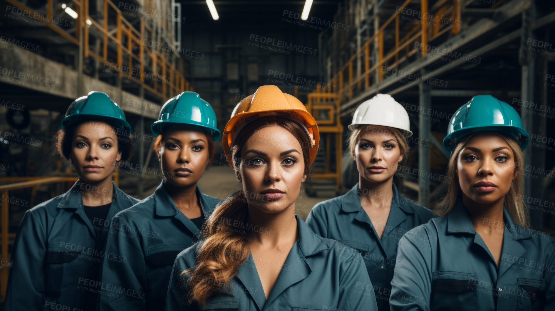 Buy stock photo Female group of construction workers in hardhats, looking at camera. Women engineers and contractors
