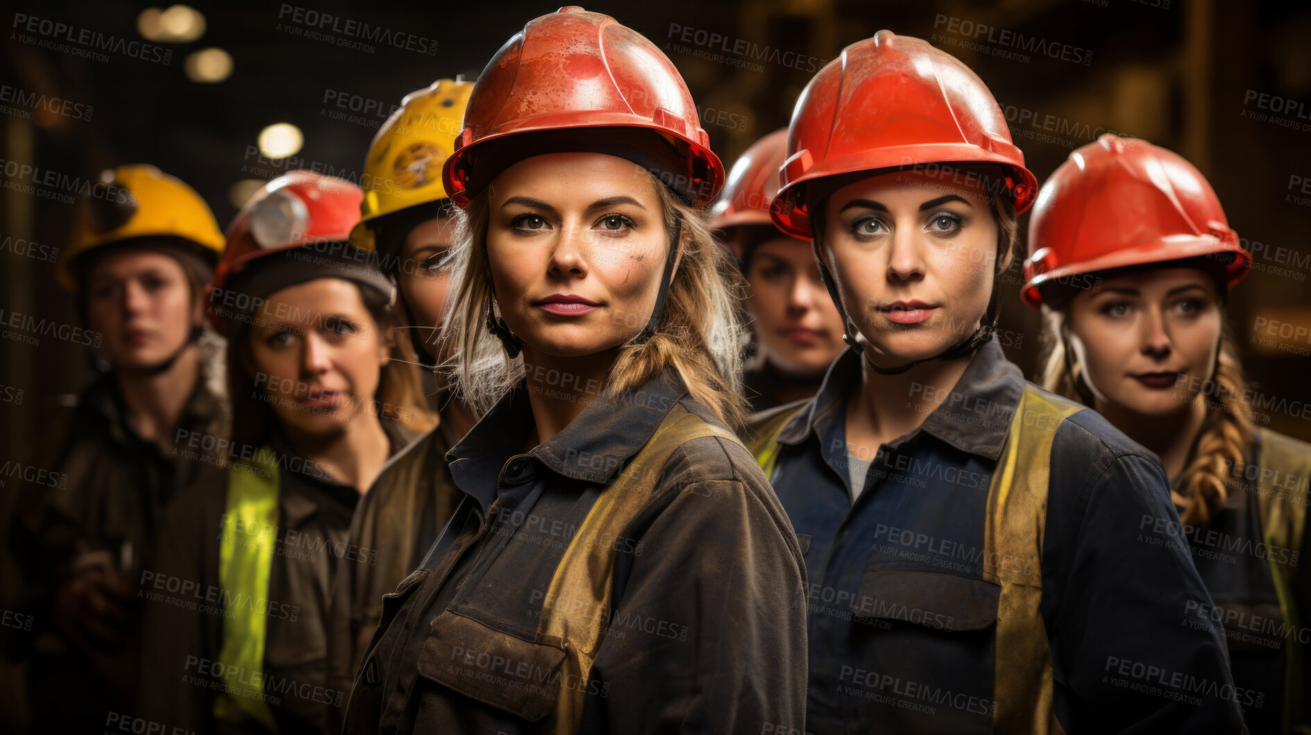 Buy stock photo Female group of construction workers in hardhats, looking at camera. Women engineers and contractors