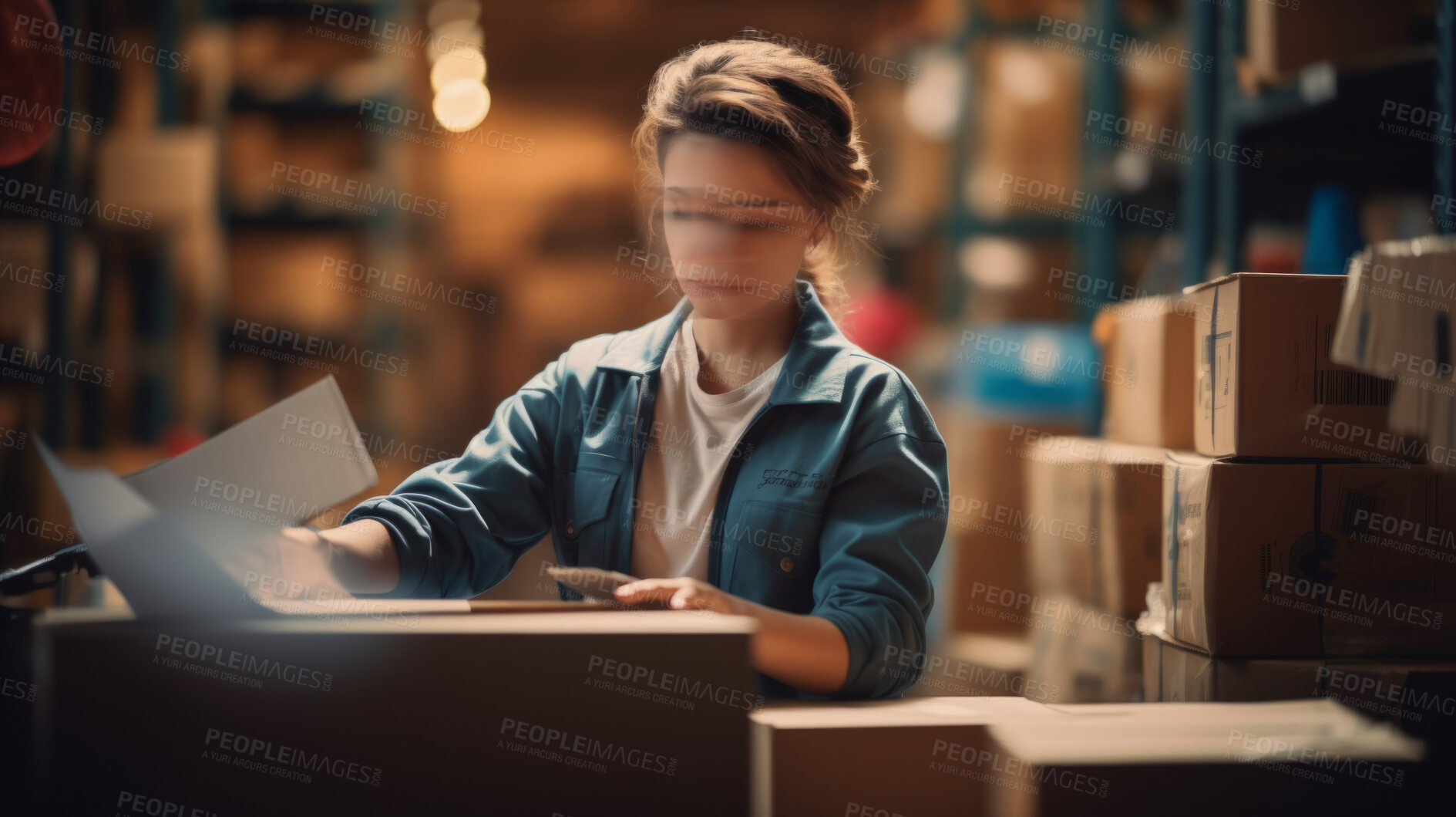 Buy stock photo Anonymous warehouse worker. Fast working overtime employee meeting shipping deadlines