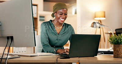 Winning, yes and happy woman on laptop in night news, international success or Nigeria business celebration. African person or winner fist pump for stock market, trading or career bonus on computer