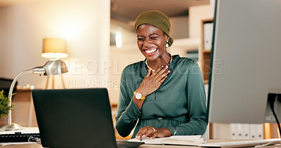 Winning, yes and happy woman on laptop in night news, international success or Nigeria business celebration accomplishment. African person or winner for stock market, trading or career bonus on computer