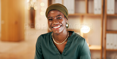Face of black woman in office at night working on computer for international, global or online internet company. Portrait of professional person in Nigeria on desktop happy for career, job or project