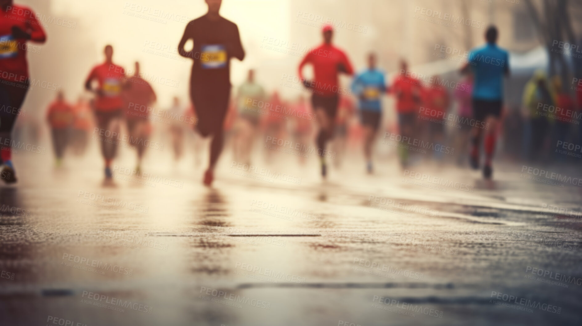 Buy stock photo Group of marathon runners in the city. Low angle view of runners in competition