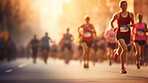 Group of marathon runners in the city. Low angle view of runners in competition