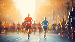 Group of marathon runners in the city. Low angle view of runners in competition