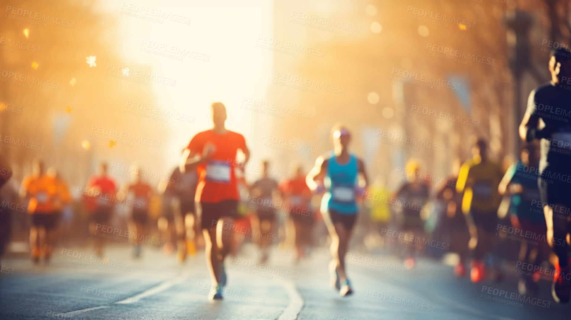 Buy stock photo Group of marathon runners in the city. Low angle view of runners in competition